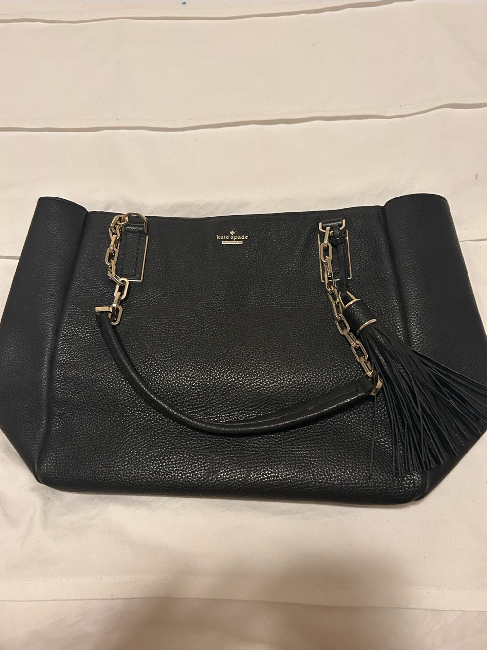 kate spade Black Leather Tote with Gold Chain Handles